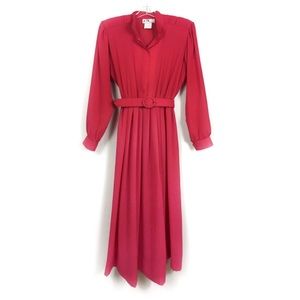 1980s VINTAGE 80s Red Belted Midi Georgette Dress